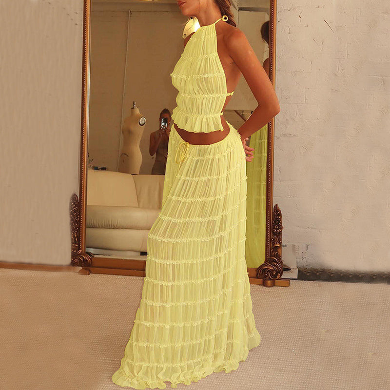 LuxeBreeze™ 2-Piece Halter Top & Pleated Maxi Skirt