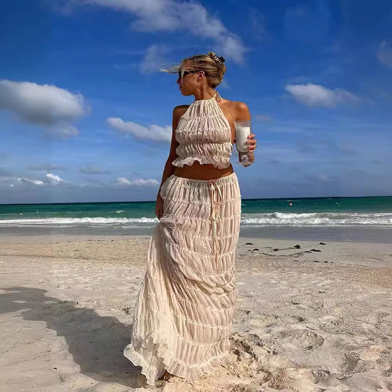 LuxeBreeze™ 2-Piece Halter Top & Pleated Maxi Skirt