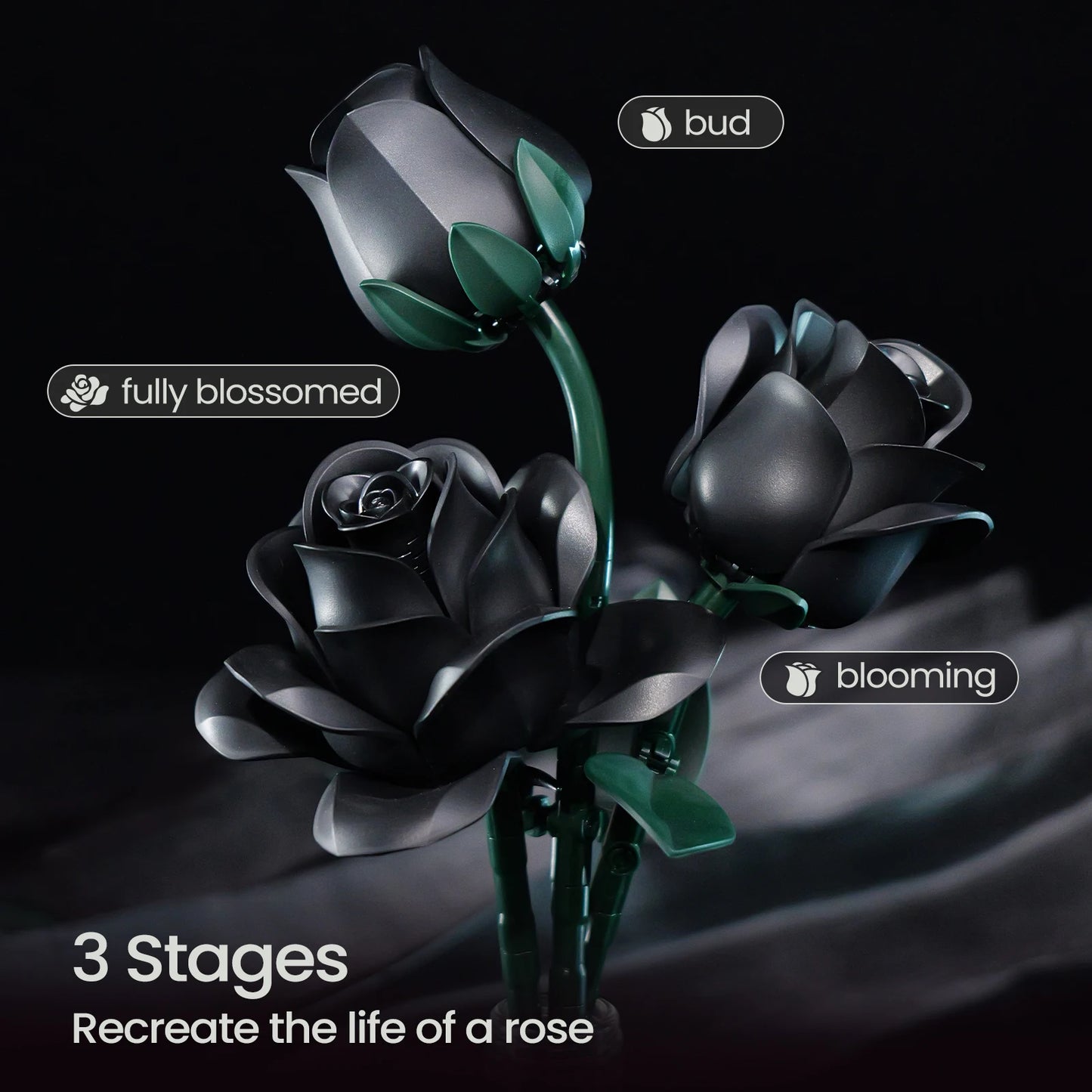RomanticRose™ 12-Piece Black Rose Building Block Set