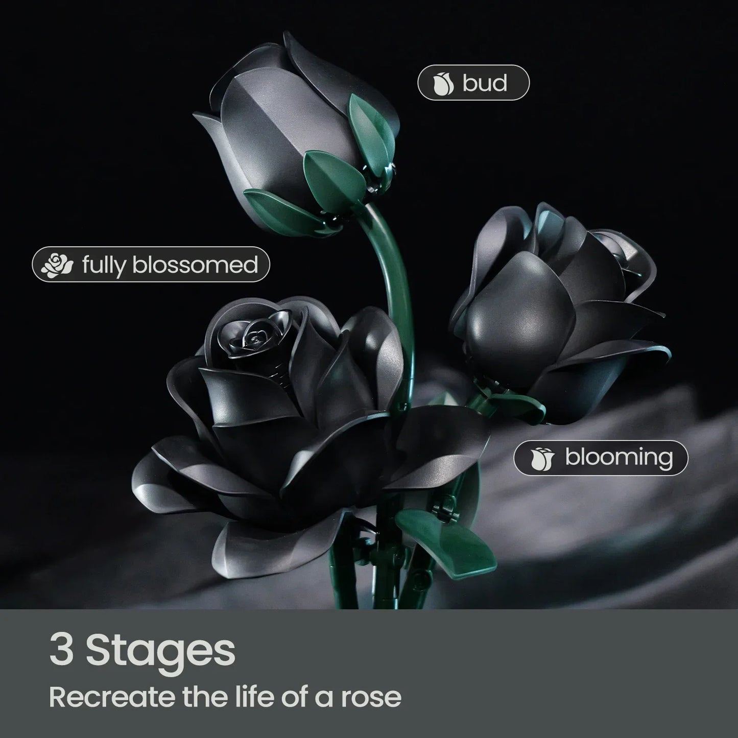 RomanticRose™ 12-Piece Black Rose Building Block Set