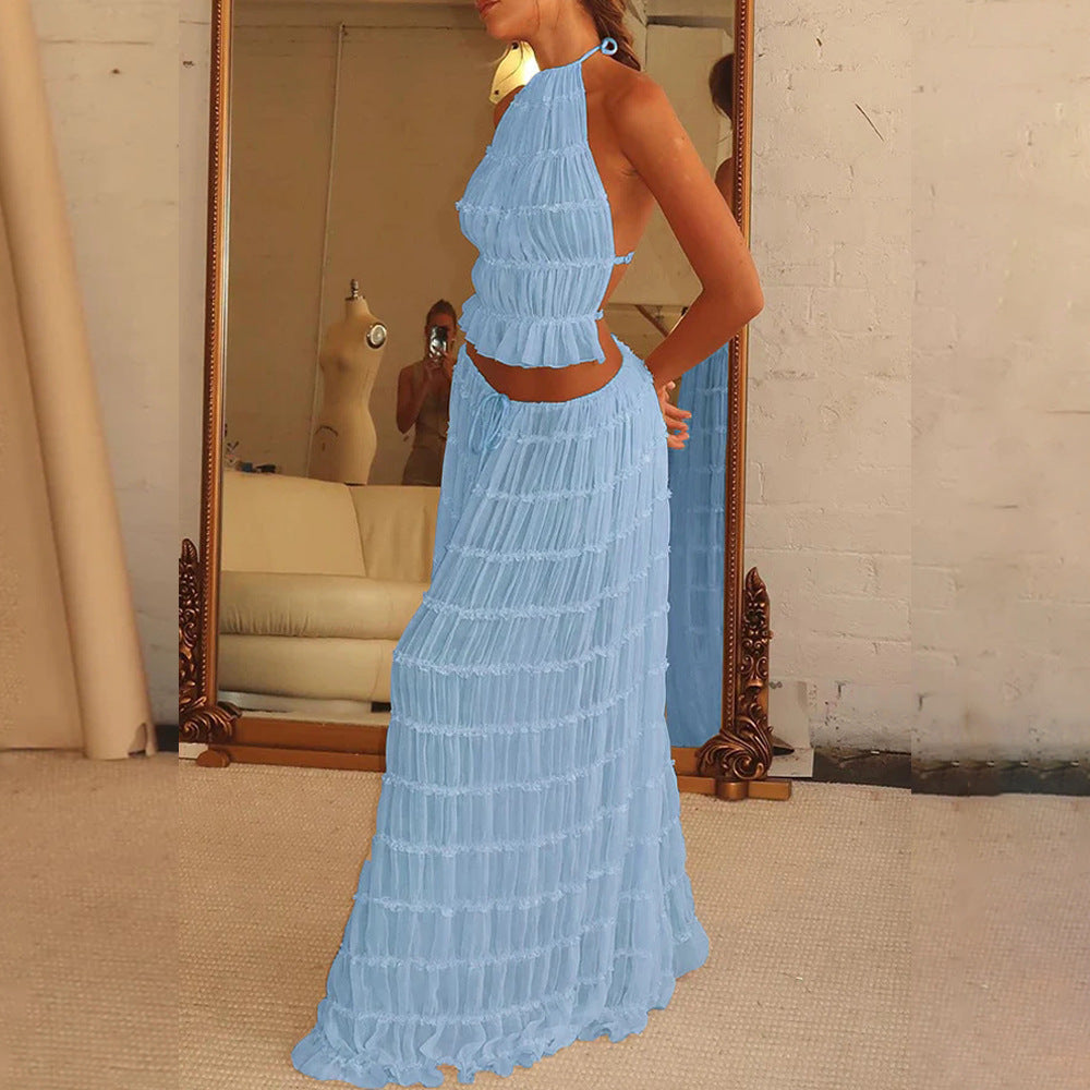 LuxeBreeze™ 2-Piece Halter Top & Pleated Maxi Skirt