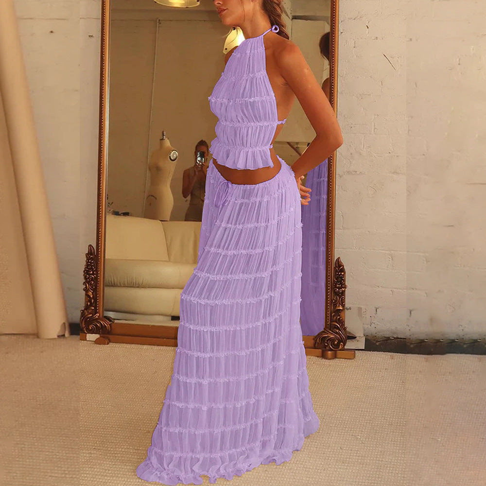 LuxeBreeze™ 2-Piece Halter Top & Pleated Maxi Skirt