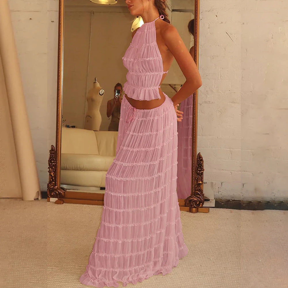 LuxeBreeze™ 2-Piece Halter Top & Pleated Maxi Skirt