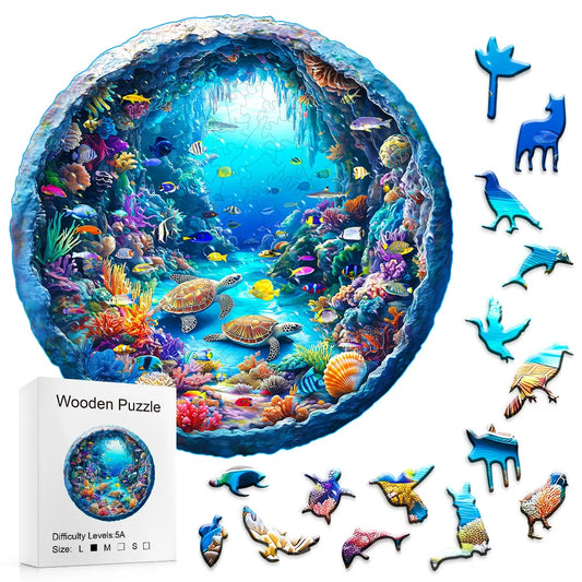 Ocean Wonders Wooden Puzzle - Unique Shape Animal Puzzle, Adult Relaxation Gift, Exquisite Boxed Set with Decorative Artworks