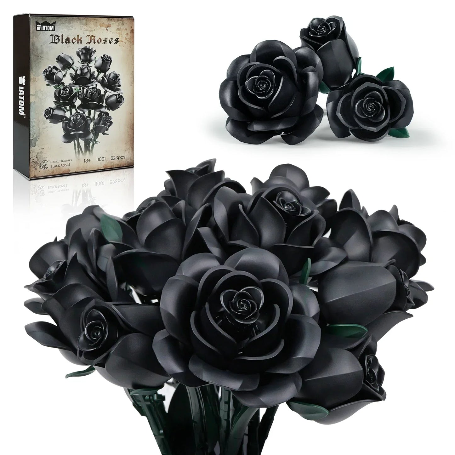 12 PCS Black Rose Building Block Set Plant Bouquet High Quality Simulated Roses Flowers Gothic Decoration Valentine's Day Gift