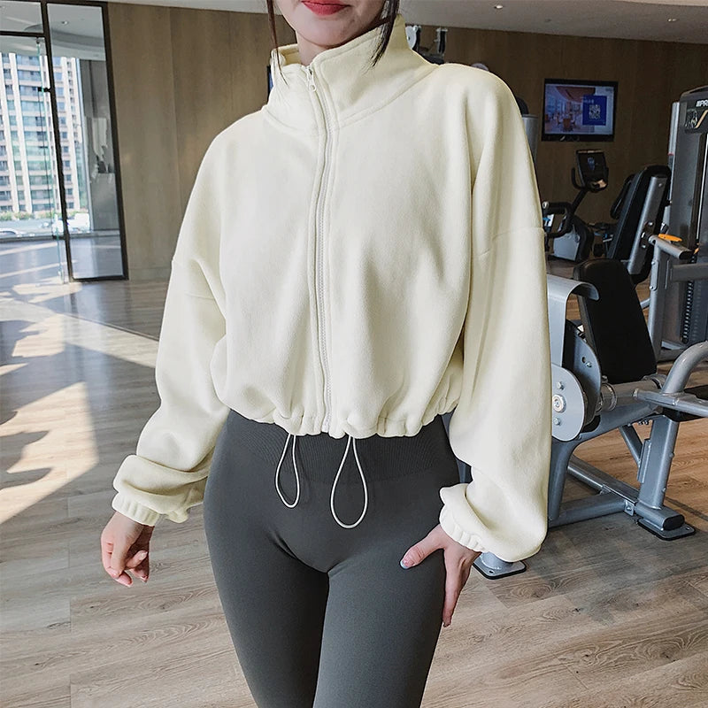 Autumn and winter Women Loose Sport Jackets Lamb-Fleece Yoga Running Jacket Long Sleeves Top Outdoor Recreation Workout Coats