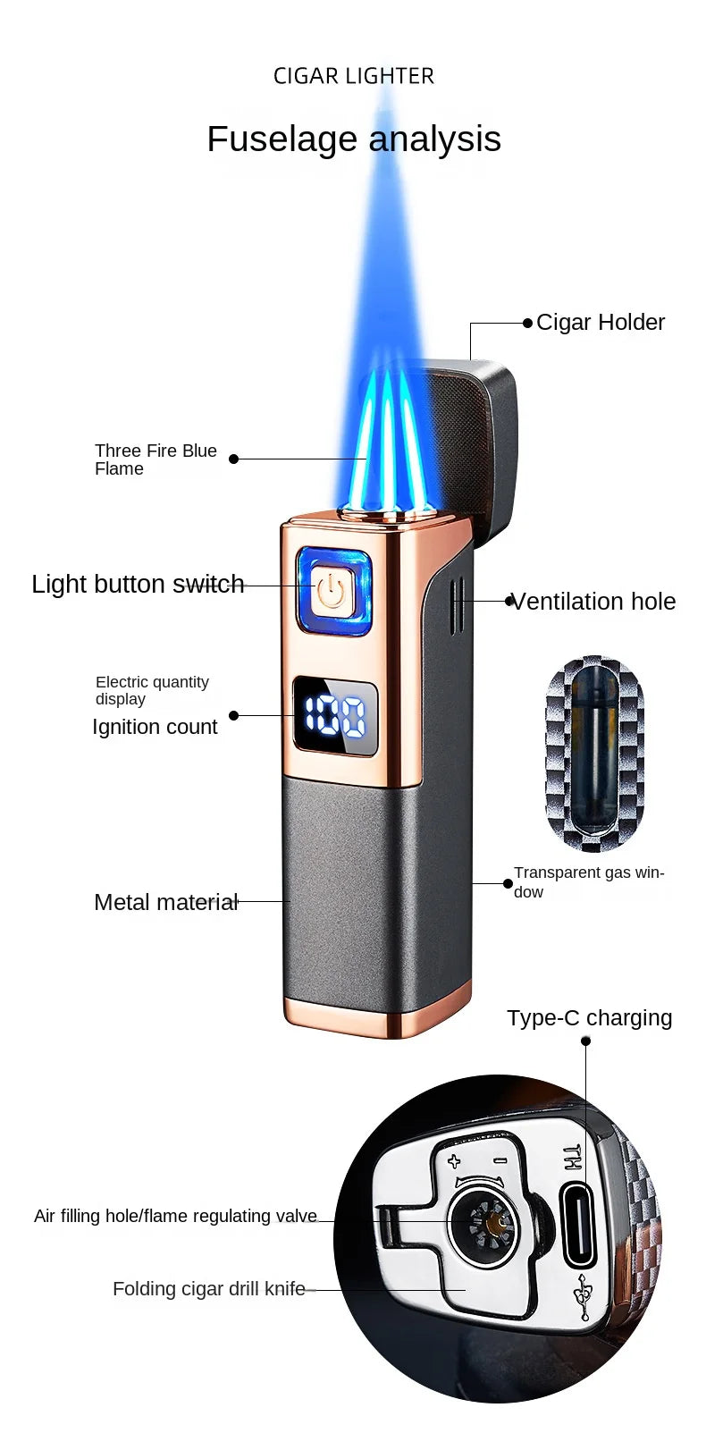 Three Direct Charging Power Display with Cigar Punch and Windproof Cigar Special Gas and Electric Integrated Portable Lighter