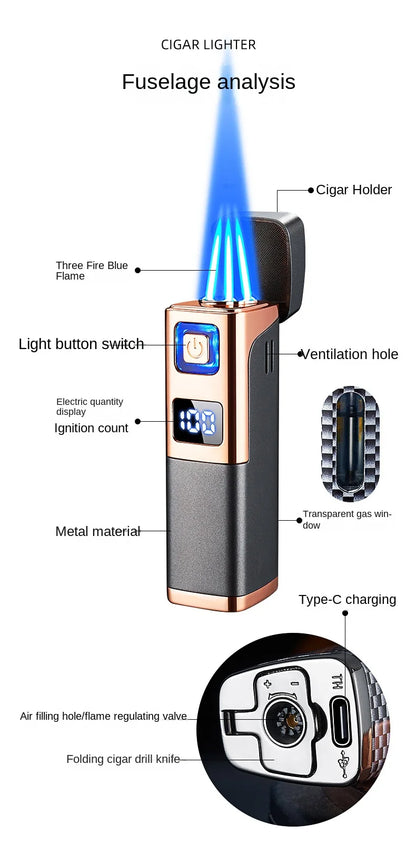 Three Direct Charging Power Display with Cigar Punch and Windproof Cigar Special Gas and Electric Integrated Portable Lighter