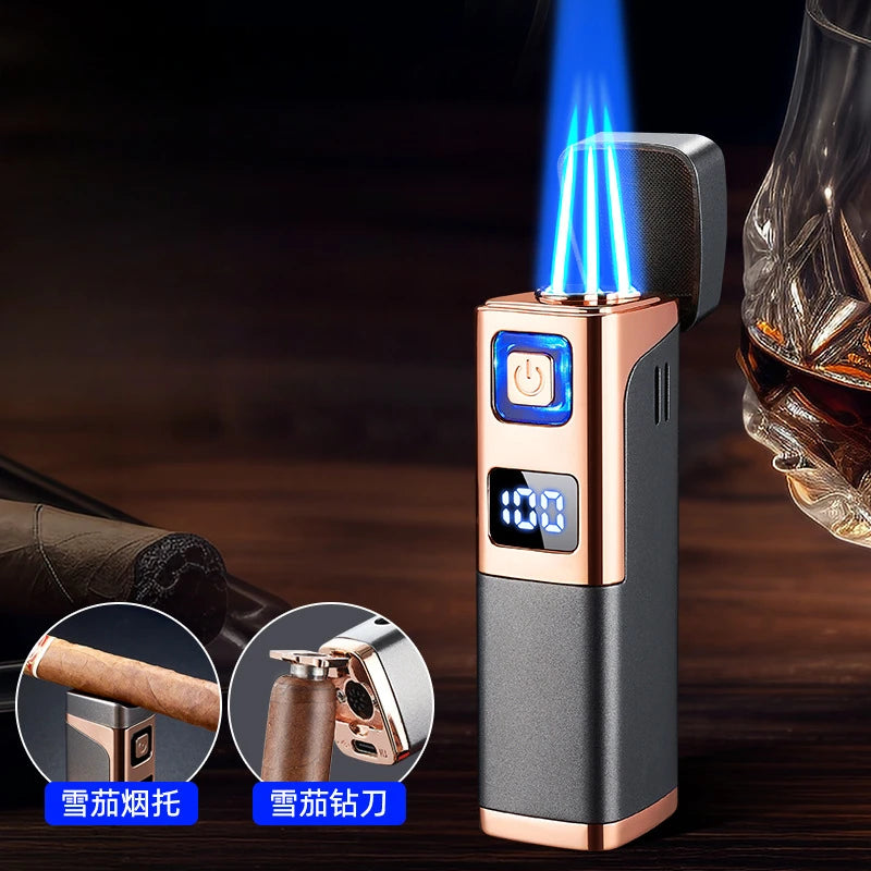 New Direct Injection Triple Flame Blue Flame Cigar Special Lighter Gas and Electric Two-in-one Portable Cigar Cutter Igniter