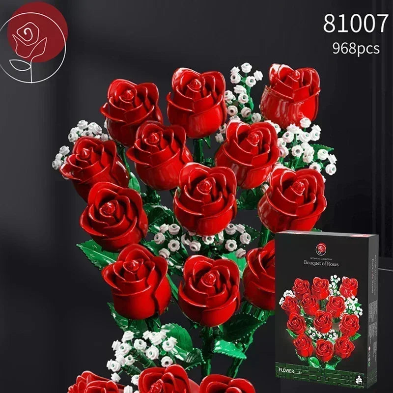 968PC Romantic Rose Flower Bouquet Building Blocks Creative Home Desk Plant Decoration Assemble Bricks Toys For Gifts Girls Lady