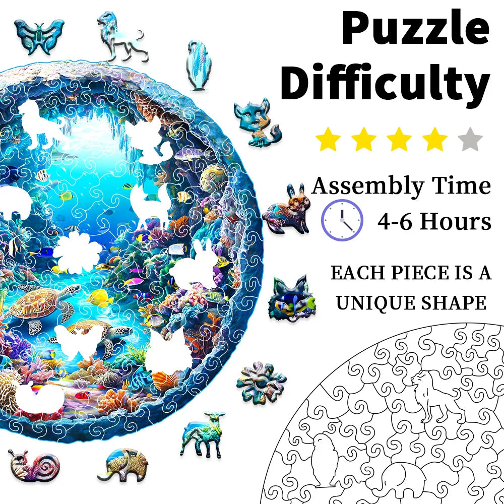 Ocean Wonders Wooden Puzzle - Unique Shape Animal Puzzle, Adult Relaxation Gift, Exquisite Boxed Set with Decorative Artworks