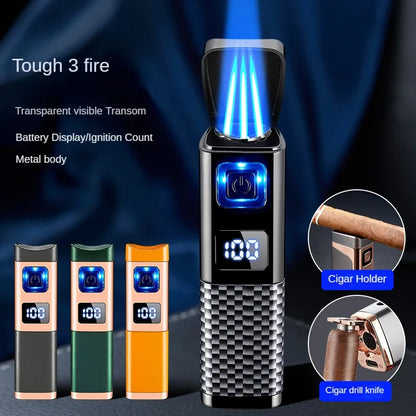 New Direct Injection Triple Flame Blue Flame Cigar Special Lighter Gas and Electric Two-in-one Portable Cigar Cutter Igniter